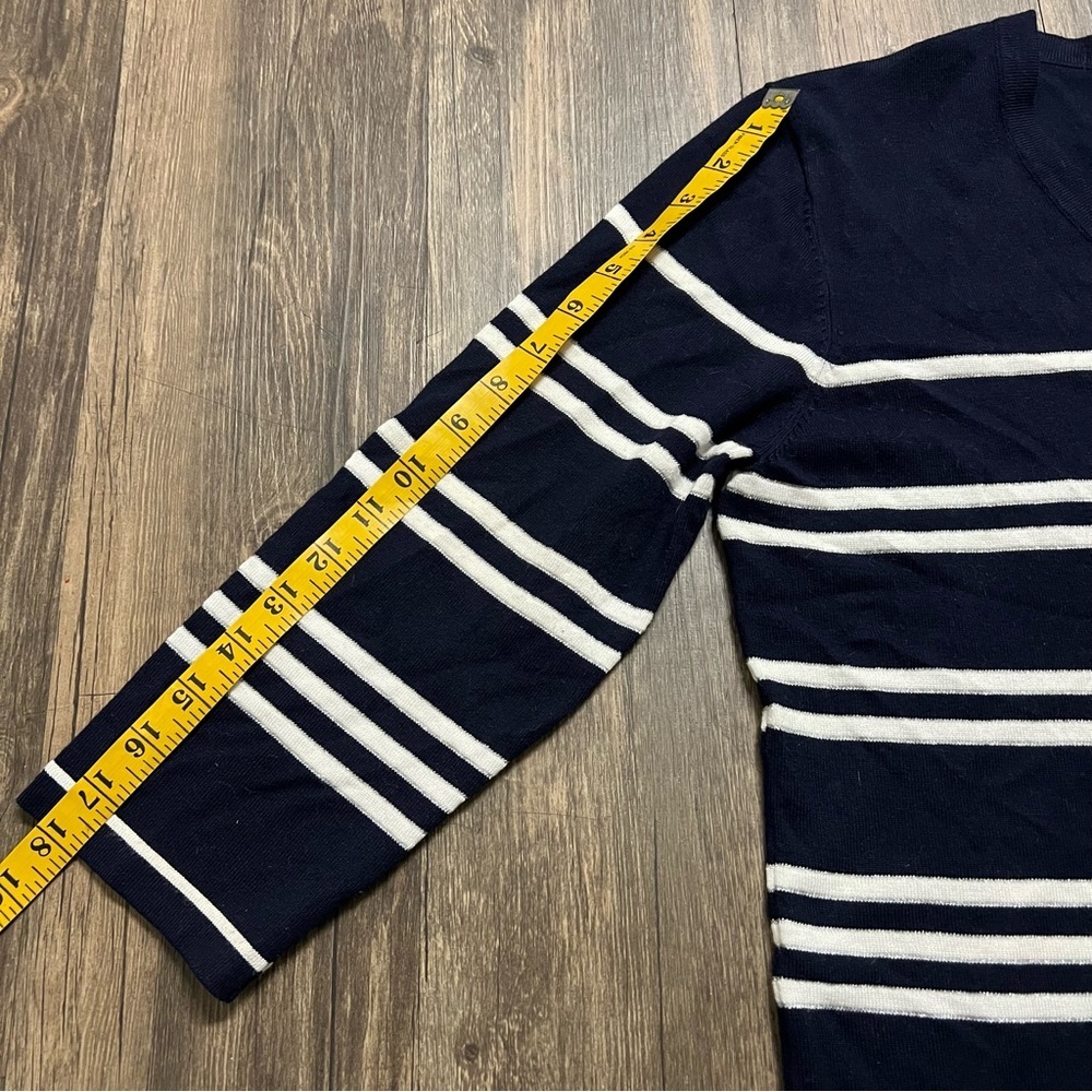 Grege Navy Blue White Stripe Button Up Short Knit Cardigan Sweater 1/4 Sleeve XL - Picture 10 of 10